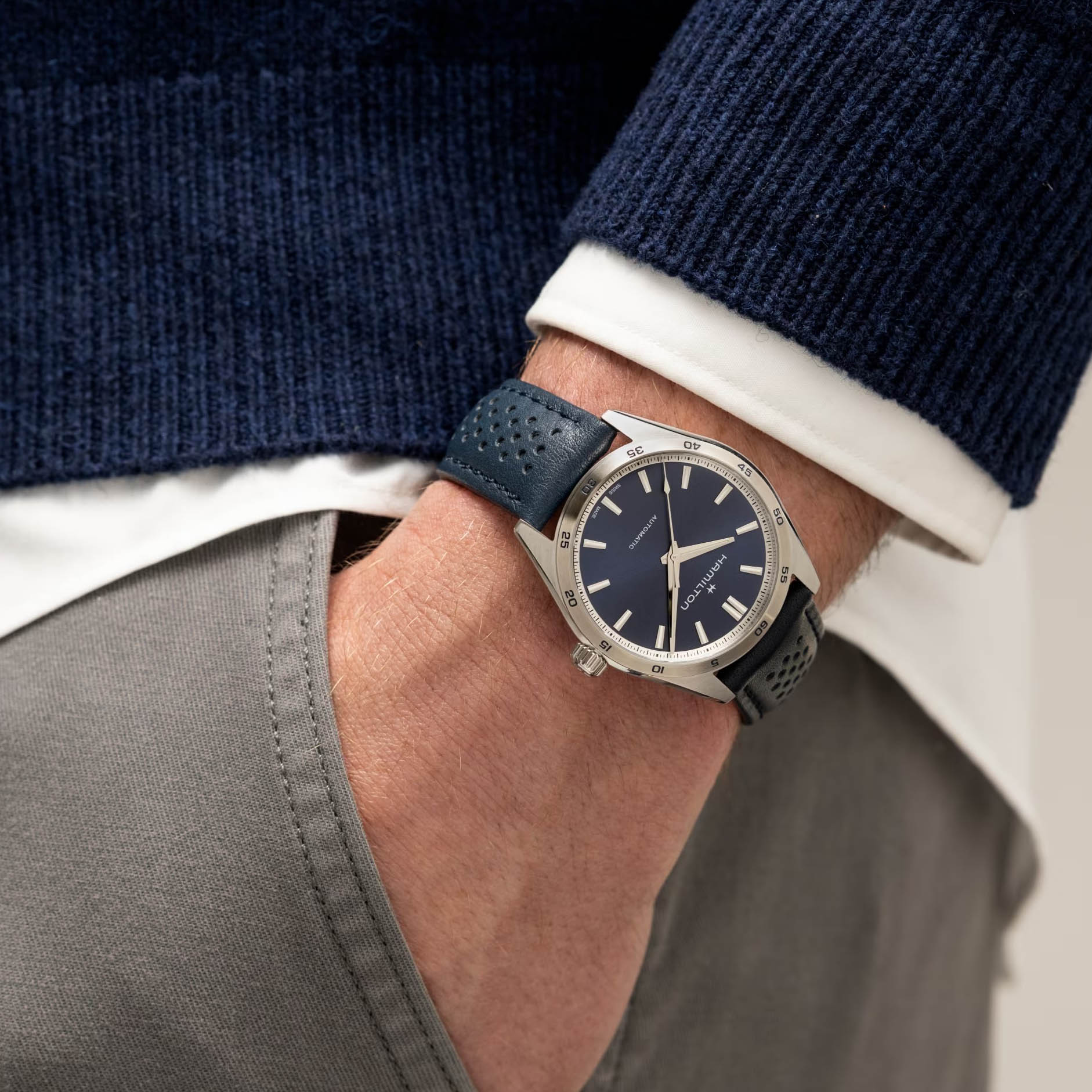 Hamilton Jazzmaster Performer Blue Rubber Strap Watch | Ernest Jones
