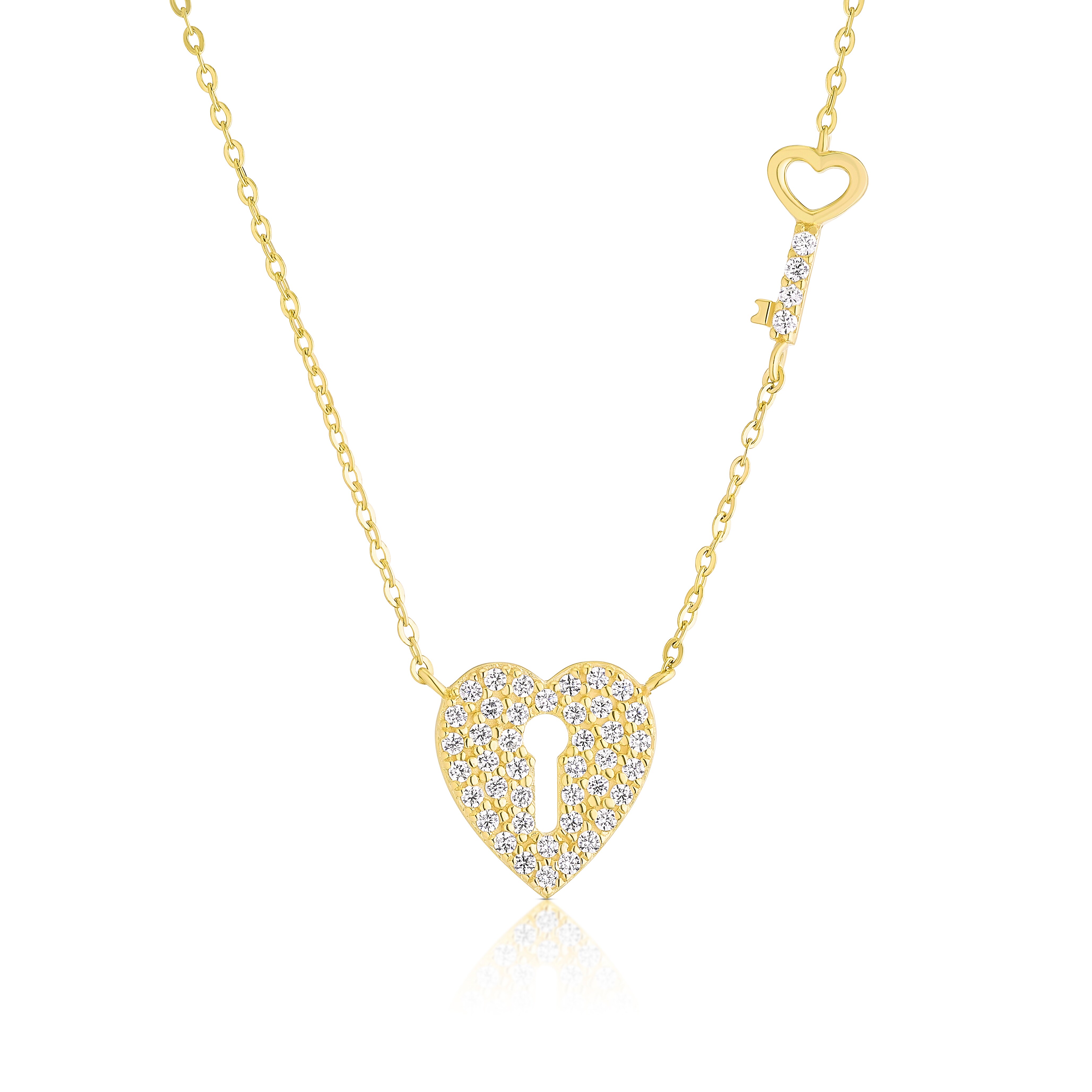9ct Yellow Gold Cubic Zirconia Heart Padlock & Key Pendant